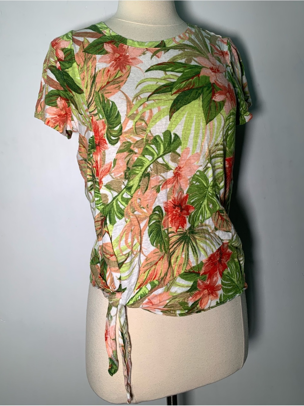 J.Jill Love Linen 100% Linen Tropical Floral Tie Front Short Sleeve Shirt Size S